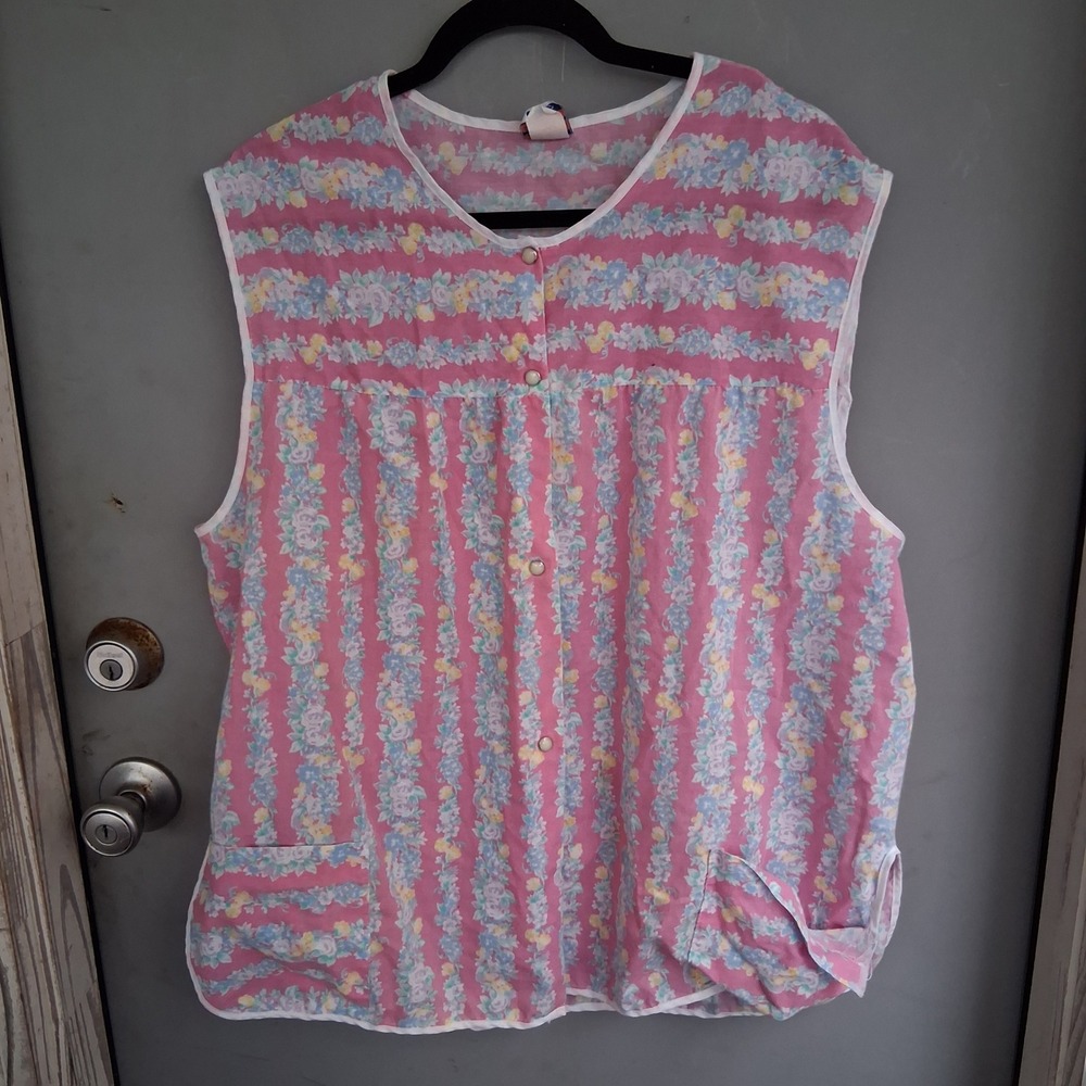 Vintage Tiger Lily Pink Floral Cobbler Apron Vest Smock Button Front Pockets L